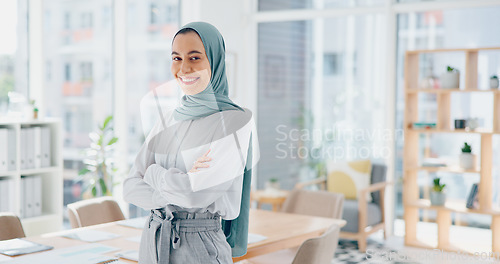 Image of Islamic, woman or portrait of a muslim designer with pride or smile thinking of goals, mission or success. Dubai, mindset or happy hijab interior design employee smiling alone in a office building