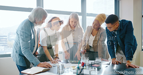 Image of Documents, meeting and startup team in workshop for kpi strategy, planning or financial project for startup business. Accounting, paperwork and consultation for target, goals or tax audit research.