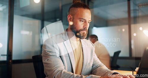 Image of Laptop, typing and businessman finish before meeting with team for planning, strategy and ideas. Teamwork, corporate workplace and male worker busy with project, proposal and deadline on computer