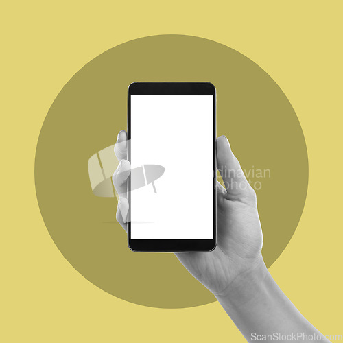 Image of Hands, phone and screen on mockup for advertising, marketing or branding logo against studio background. Hand of person holding smartphone with mock up display for social media or advertisement