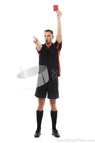 Image of Referee man, whistle and red card hand warning while pointing for soccer rules, penalty or fail. Football man or coach sign for mistake or caution for competition game isolated on a white background