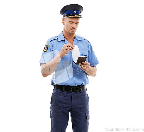 Image of Ticket, parking fine and police writing on notepad for traffic rule, crime and public service on white background. Justice, law enforcement and policeman, security guard and safety officer with paper