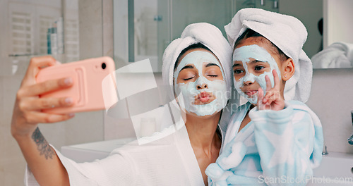 Image of Beauty, skincare and facial with mother and girl and selfie in bathroom for health, spa and wellness. Luxury, product and mask on face with mom and child in family home for happy, peace and relax