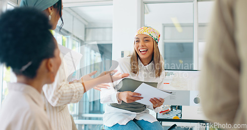 Image of Business women, teamwork or diversity meeting on paper or documents review in coaching or training feedback. Smile, happy or talking speaker in leadership workshop, collaboration or strategy planning