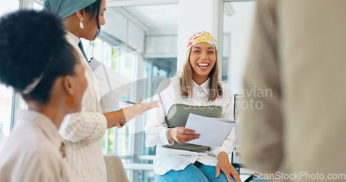 Image of Business women, teamwork or diversity meeting on paper or documents review in coaching or training feedback. Smile, happy or talking speaker in leadership workshop, collaboration or strategy planning