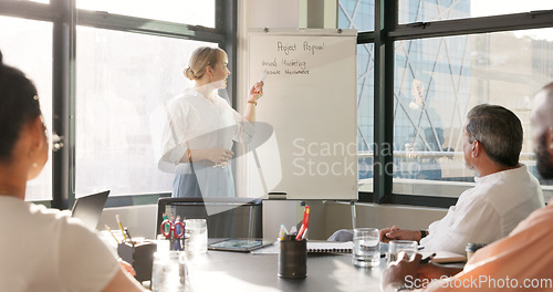 Image of Business leader, presentation and whiteboard for office meeting with team of employees for planning, briefing and talking strategy for growth. Woman speaker with men and women for agenda training