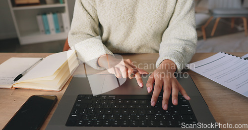 Image of Laptop, computer and business woman hand typing, writing on notebook for planning, schedule and meeting review. Zoom, hands and strategy analytics for collaboration, research and KPI growth