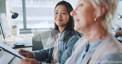 Image of Business, women and conversation in office, marketing planning and advertising campaign. Females, ceo and employees for sales growth, manager explain system and communication for process and speaking