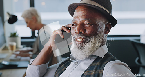 Image of Business man talking on the phone, answering a call and communication while happy, smiling and laughing from below. Corporate professional male hearing good news, feeling motivated and ambitious