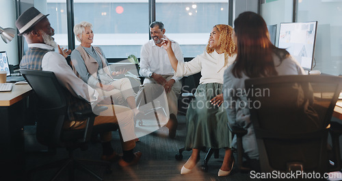 Image of Business people, communication and team with diversity in workplace, coworking space and collaboration with tablet. Excited senior employee, talking and news with networking, productivity and review