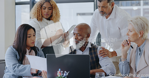 Image of Laptop, CEO or senior business people in meeting planning a marketing strategy for company financial growth. Innovation, leadership or executive employees working in a partnership for kpi sales goals