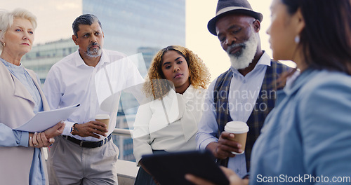 Image of Teamwork, meeting and business people on rooftop in city with tablet discussing sales project. Technology, collaboration and group of employees planning advertising or marketing strategy outdoors.