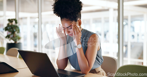 Image of Headache, tablet and business woman with burnout, anxiety and stress about work. Black woman, tired and fatigue of a office employee with mental health problem from online report and digital audit