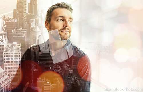 Image of Businessman, thinking and city in double exposure with vision for career ambition, goals or success. Male employee wondering in thought by window for planning, idea or architecture on mockup overlay