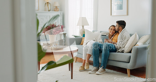 Image of Couple, happy or tablet for communication, networking or social media app at home. Movie, video or love man and woman relax in living room streaming online, internet or website with smile in house