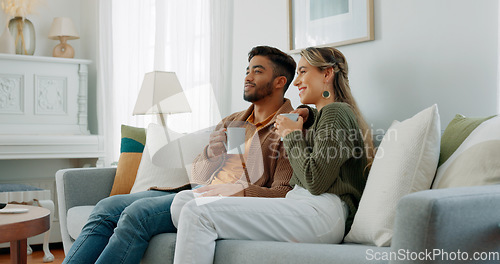 Image of Relax, coffee and watching tv with couple on sofa together for movie, streaming service or television. Happy, love and tea with man and woman in living room at home for video, film and news lifestyle