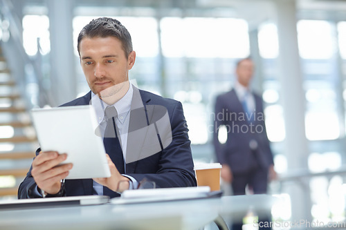Image of Research, corporate or businessman with tablet for invest strategy, finance growth or financial review. CEO or travel manager in office building planning, data analysis or economy data analytics