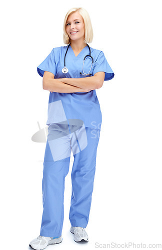 Image of Healthcare, woman and portrait of a nurse in a studio with a stethoscope ready for a consultation. Nursing, doctor and happy female medical worker from Canada in scrubs isolated by a white background
