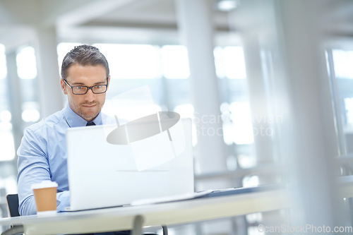 Image of Laptop, corporate or business man thinking of invest strategy, finance growth or financial networking. CEO, tech or manager in office building planning, data analysis or economy data analytics review