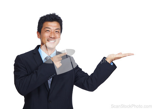 Image of Businessman portrait, pointing or hand palm on isolated white background for finance investment or insurance deal. Smile, happy worker or corporate asian showing marketing space or advertising moc up