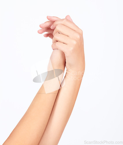 Image of Woman, manicure hands or beauty skincare on studio background for healthcare wellness, self love dermatology and luxury massage. Zoom, model and touching fingers with grooming nails on white mock up