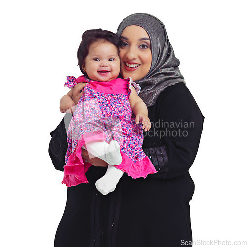 Image of Islam, portrait of mother and baby girl, proud mama happy in hijab and isolated on white background. Love, family and growth, muslim woman with toddler daughter and Islamic culture in studio in Egypt
