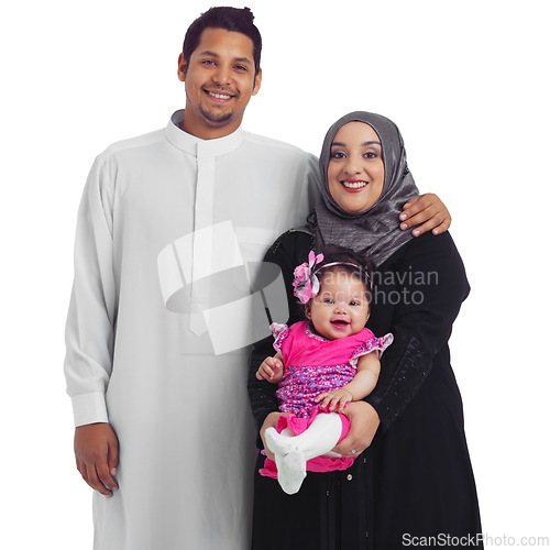 Image of Muslim family, portrait and parents with a baby in studio for Islam religion, love and peace. Islamic woman, man and child together for eid, ramadan and happiness isolated on a white background