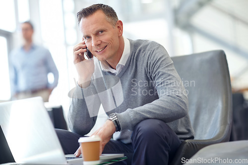 Image of Phone call, smile or happy businessman in airport lobby for loan, wealth or investment negotiation. Travel, communication or manager with smartphone for networking, b2b network or planning meeting