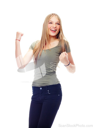 Image of Winner, yes and woman in studio with fist sign for celebration, winning or success for goals achievement. Happy, yes and excited young student or teenager celebrate with hands in air with mockup