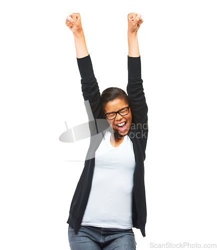 Image of Winner, achievement and woman in celebration in a studio with excitement, happiness or goal. Happy, winner and excited female model or student with glasses celebrating isolated by a white background.