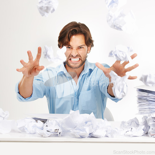 Image of Anger, business man portrait and accounting documents with frustrated worker with white background. Isolated, overworked and angry professional with paperwork, files and audit working with stress