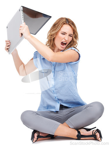 Image of Business, angry and woman breaking laptop, stress and frustrated employee isolated on white studio background. Glitch, smash computer or female worker with stress for error, mad or upset with burnout