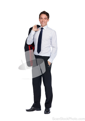 Image of Business man, corporate portrait and success with leadership and ceo isolated on white background. Executive businessman, smile and mindset with vision, happy with professional mockup and leader