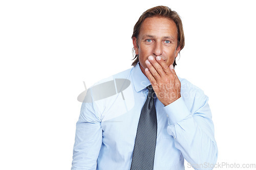 Image of Portrait, wow and mockup with a business man in studio isolated on a white background looking shocked. Hand, surprise and branding with a handsome male employee standing on blank space for a logo