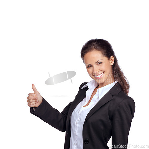 Image of Business woman, success in portrait with thumbs up and achievement in career, winner isolated on white background. Yes, corporate employee goals and mindset with winning and happy woman agreement