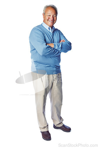 Image of Senior man, happy in portrait and retirement, life insurance and arms crossed, mockup isolated on white background. Pensioner, old man smile and positive mindset with vitality, elderly and wellness