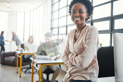 Image of Leader, black woman and office portrait with smile by business people, success and vision at web design company. Creative boss, leadership and modern startup with confidence, career goals and happy