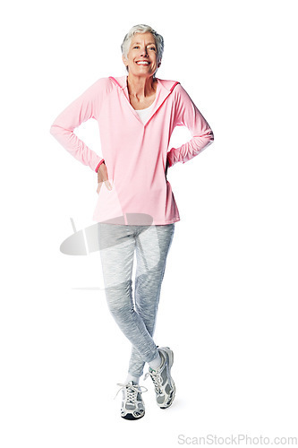 Image of Happy senior woman, fitness and wellness portrait in studio with a healthy retirement lifestyle. Body of a elderly female isolated on a white background for exercise, health and energy motivation