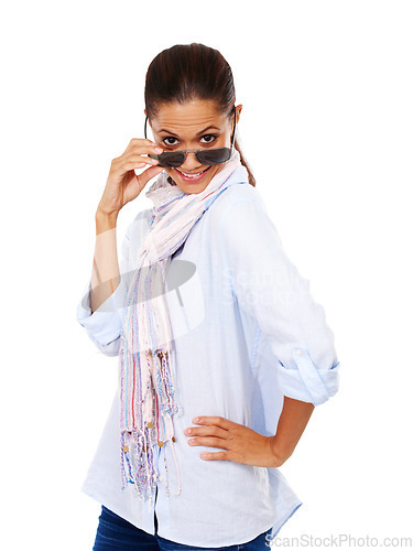 Image of Portrait, peeking and black woman with sunglasses, girl and casual outfit with person isolated on white studio background. African American female, lady and eyewear for clear vision, smile and trendy