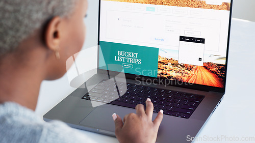 Image of Laptop, hand and bucket list with a woman on the search online for an idea for a trip, holiday or vacation. Website, thinking and planning with a female looking on the internet for an adventure