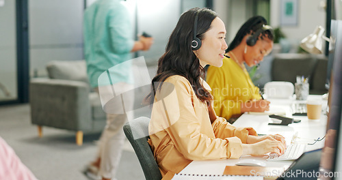 Image of CRM, customer service or Asian consultant woman with life insurance telemarketing, help or communication. Sales advisor, call center or girl employee for contact us, consulting or customer support