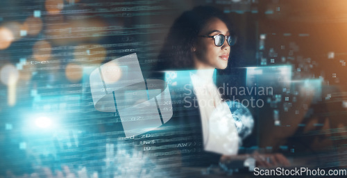 Image of Overlay, finance and stock market with a woman trading while working in an office at night for forex investment. Digital, data or fintech with a female trader doing data analysis for portfolio growth