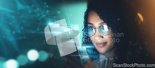 Image of Woman, phone and technology overlay in office for research, data analytics or digital job in night. Cybersecurity expert, fintech and focus in dark workplace with 3d hologram ux for programming code