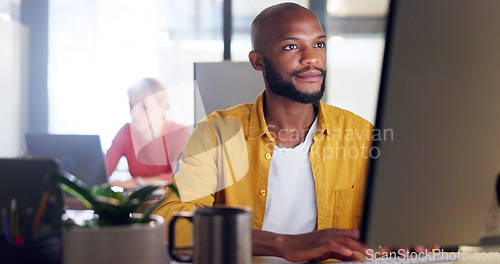 Image of Office, computer and laptop of businessman with information technology, company software or website management for innovation. Desktop, multimedia technology of IT black man working on digital update