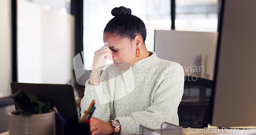 Image of Sad, headache and business woman with burnout, email stress and tired thinking of planning on a laptop. Anxiety, confused and employee frustrated after a work fail, problem or mistake on a computer