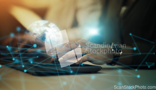 Image of Hands, keyboard and digital marketing, networking or global cybersecurity for trading, IoT or future technology. Hand of person typing on computer for online search, big data or fintech on overlay