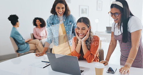 Image of Laptop, success or women high five at work in celebration of digital marketing sales goals or kpi target. Happy, winner or excited employees hugging to celebrate bonus, business growth or achievement