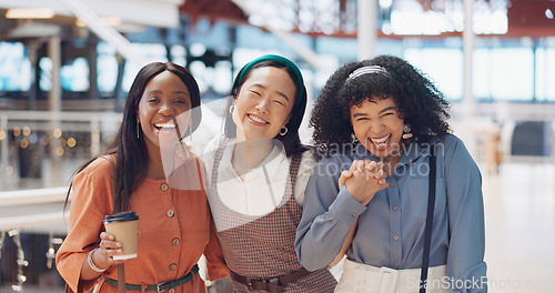 Image of Creative business woman, friends and laughing with smile for friendship, teamwork or fun time at the office. Group of happy employee women smiling and laugh for social get together at company startup