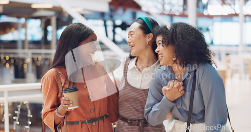 Image of Friends, women portrait and happiness while together at a shopping mall for coffee, reunion and fun with diversity, travel and bonding. Face of different race group holding hands for gratitude