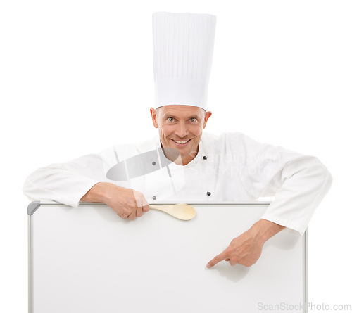 Image of Chef, portrait and a man with menu mockup space, poster or billboard for advertising special or brand. Happy person with board or sign and spoon advertising restaurant or cafe on a white background